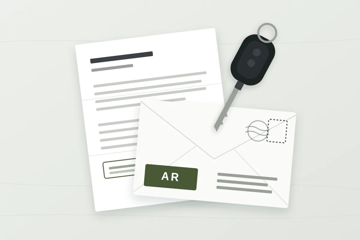 Ilustração de carta de notificação com aviso de recebimento e chave de carro